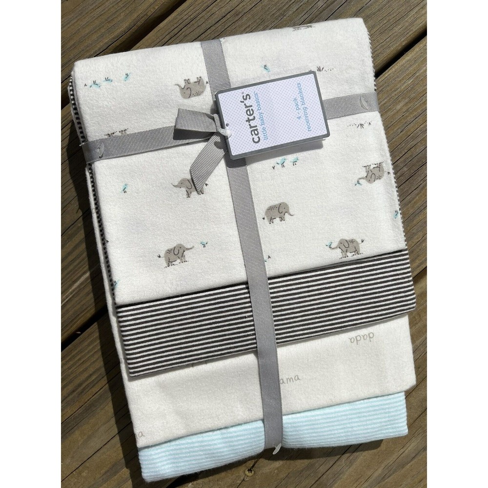 NWT Carter’s 4 Receiving Baby Blankets Elephant Bird Graphic Stripes Cotton New